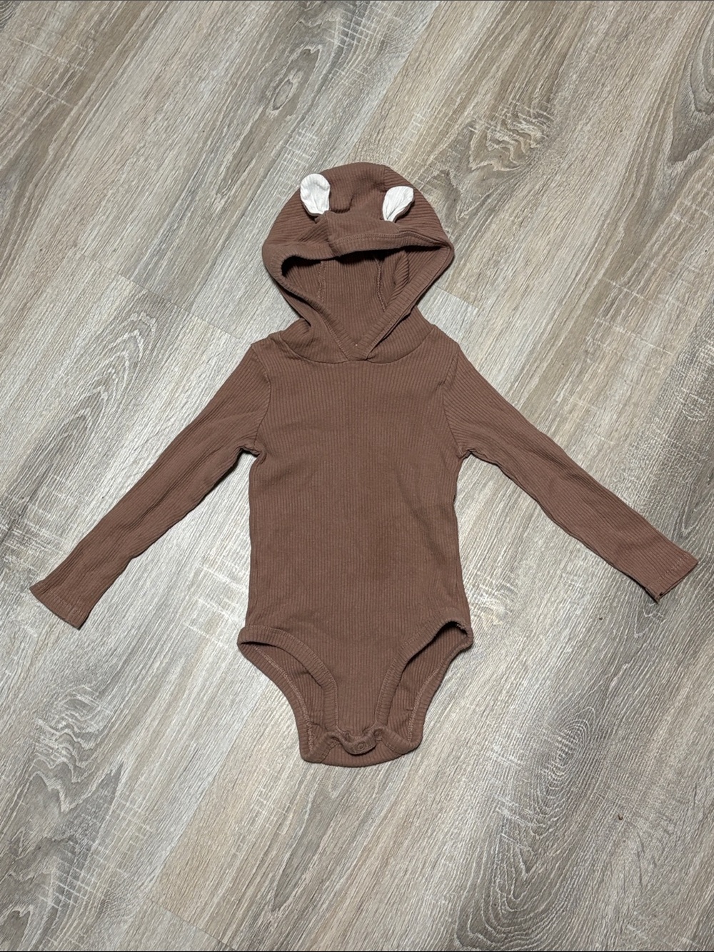 Ribbed Hooded Brown One-Piece Bodysuit with Ear Detail - Kids